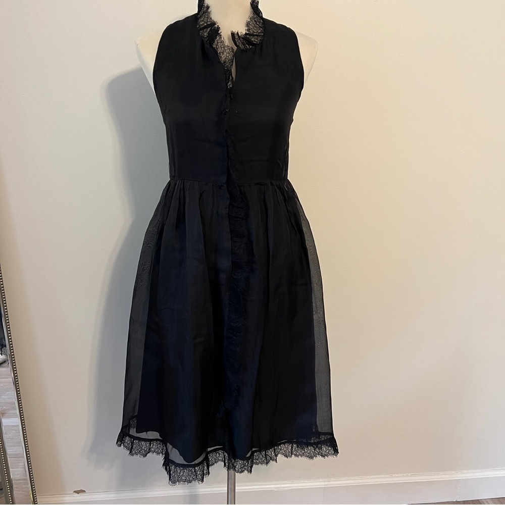 Rebecca Taylor Black Silk midi Dress with Lace Trim – Size 0 lbd XS %100 silk